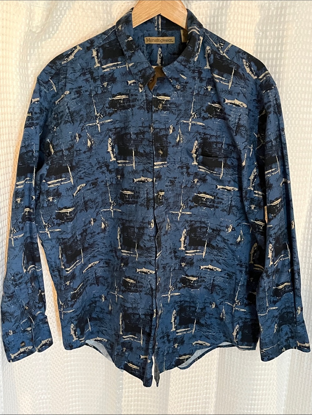 Munsingwear Abstract Fish Print Button Up Shirt Blue XL Cotton